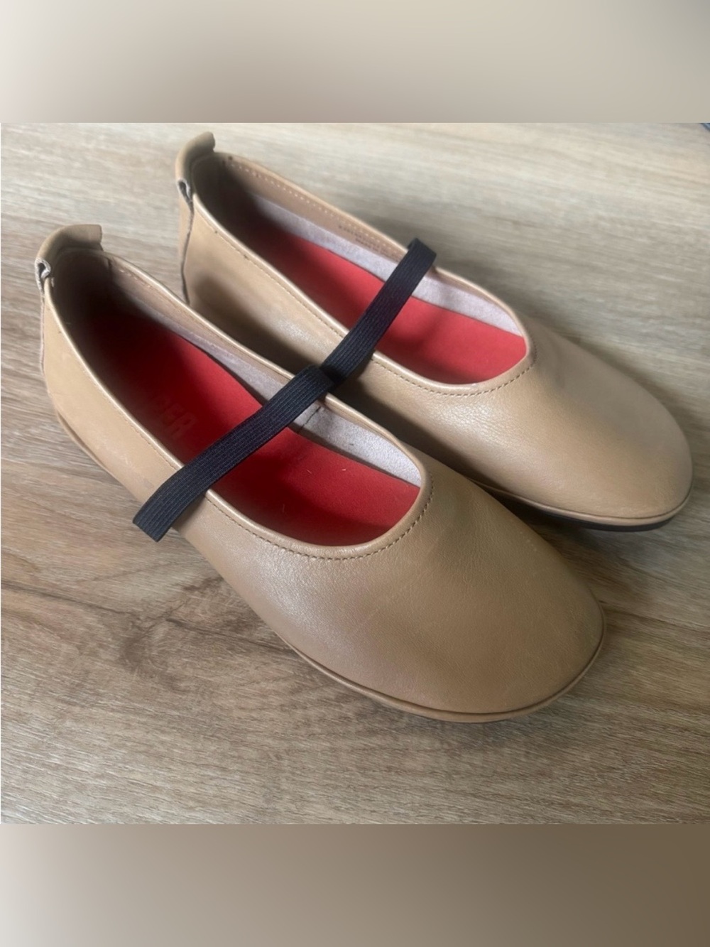 Camper Tan Leather Mary Jane Flats with Black Strap and Red Insole